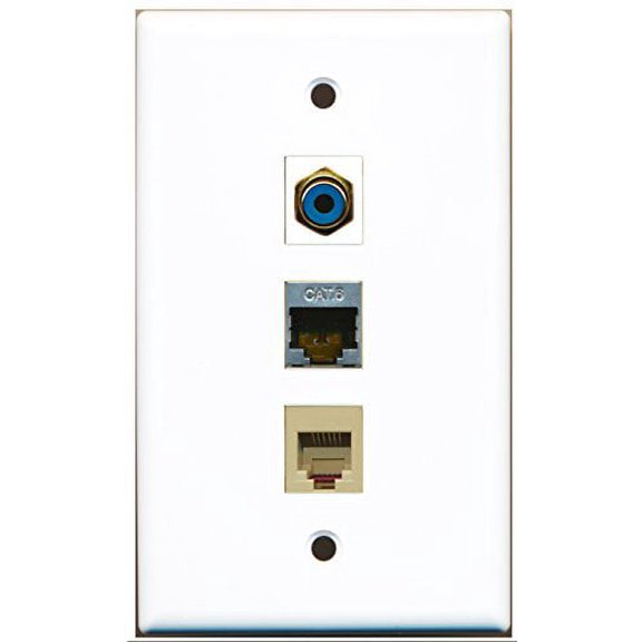RiteAV - 1 Port RCA Blue and 1 Port Phone RJ11 RJ12 Beige and 1 Port Shielded Cat6 Ethernet Wall Plate