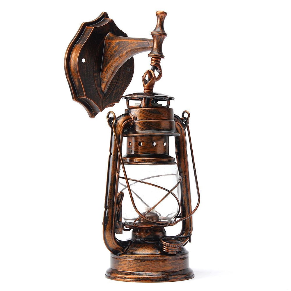 Rustic Wall Mounted Light Fixture Vintage Lantern Pendant Light Small Hanging Lighting with Glass Shade for Loft Farmhouse, Yellow Bronze