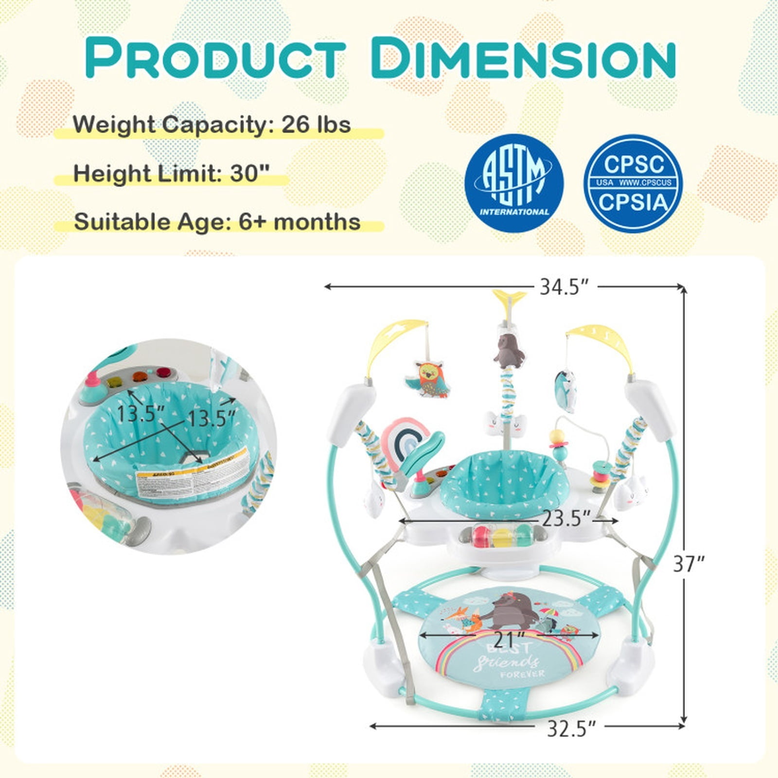 SUGIFT Height Adjustable Bouncer Activity Center Saucer with 360 Degree Rotating Seat, Interactive Toys, Music Tray and Removable Foot Pad for Nursery Play, Blue