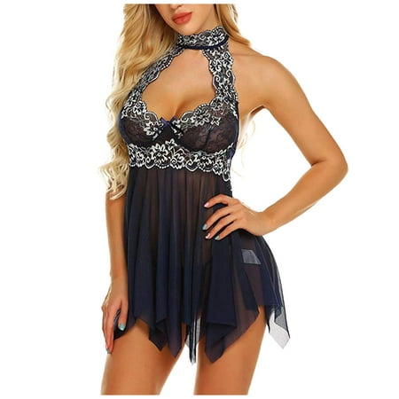 

DNDKILG Women s Lace Backless Sleepwear Nightgown Teddy Babydoll Halter Sexy Lingerie Blue S