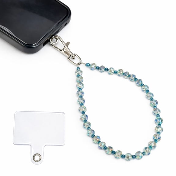 Light Blue Crystal Beaded Phone Wrist Strap with Secure Metal Clasp and Clear Patch, Elegant Hand Strap Accessory