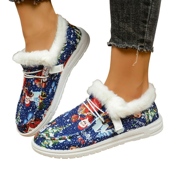 Christmas Winter Boots for Women 2025 Xmas Fuzzy Snow Ankle Booties Santa Casual Cozy Slip on Penny Loafer Flats Walking Shoes A Size 6