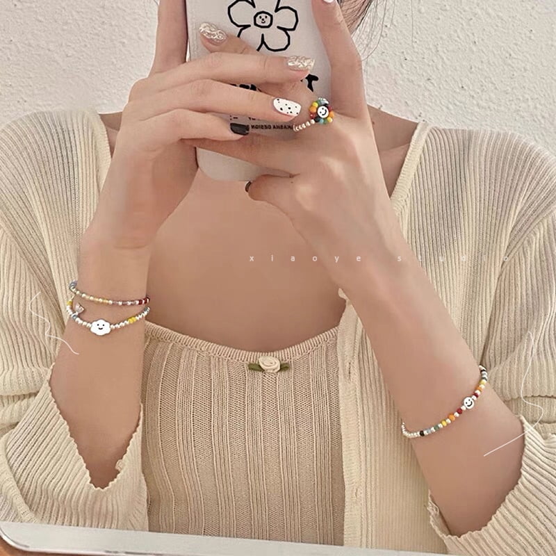 ShenMo 4pcs New Rainbow Beaded Bracelets for Women Korean Heart Bear Pendant Couple Bracelets Handmade Colorful Beads Bracelet Party Jewelry