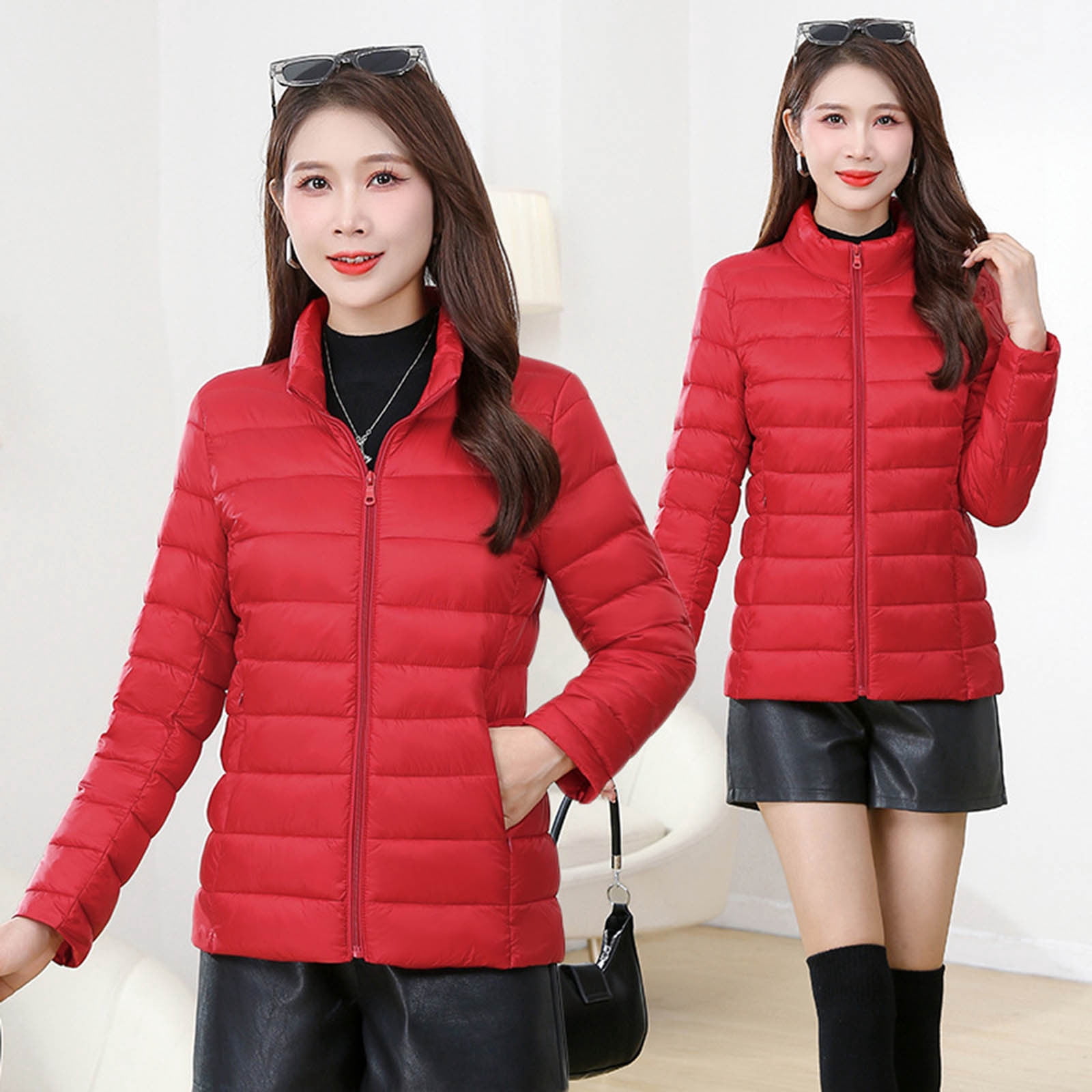 UPPADA Women's Lightweight Puffer Jacket Stand Collar Quilted Puffer Jacket Padded Zip up Water-Resistant Winter Coat with Pockets for Spring and Winter,Puffer Jacket Womens Red,L