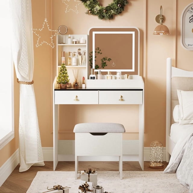TROPOW Vanity Desk with LED Light Mirror and Storage Stool, Small LED Vanity with Chair, Small Makeup Vanities Set for Girls Women,White + Black Desktop