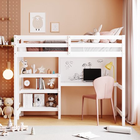 Twin Size Wooden Loft Bed with Shelves  Desk and Writing Board
