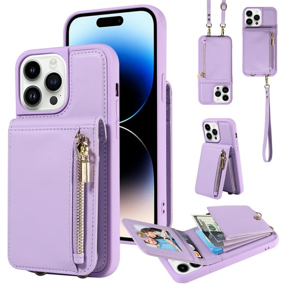 Nalacover RFID Blocking Wallet Case for iPhone 14 Pro, Shockproof PU Leather Magnetic Button Zipper Purse Card Slots & Kickstand Crossbody Phone Case with Shoulder & Wrist Strap,Purple