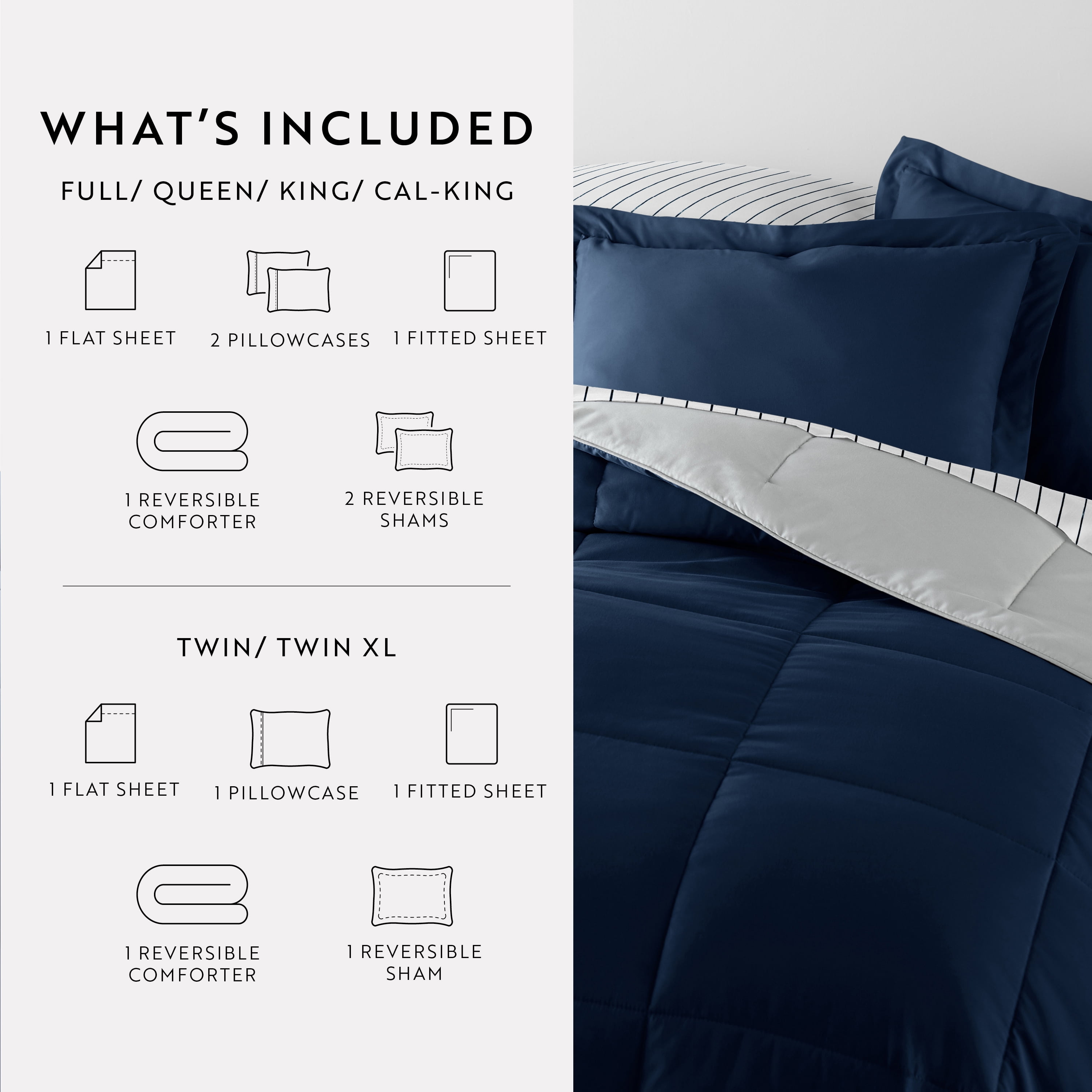 Noble Linens 5 Piece Bedding Bundle, Reversible Comforter and Patterned Sheet Set, Twin
