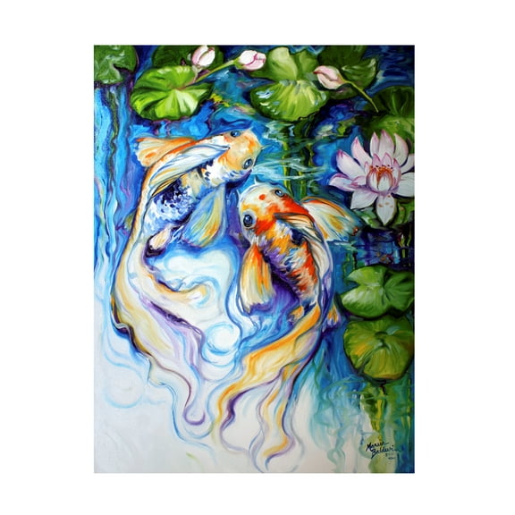 Trademark Fine Art Marcia Baldwin Koi Koi And Lily Canvas Wall Art - 24x32