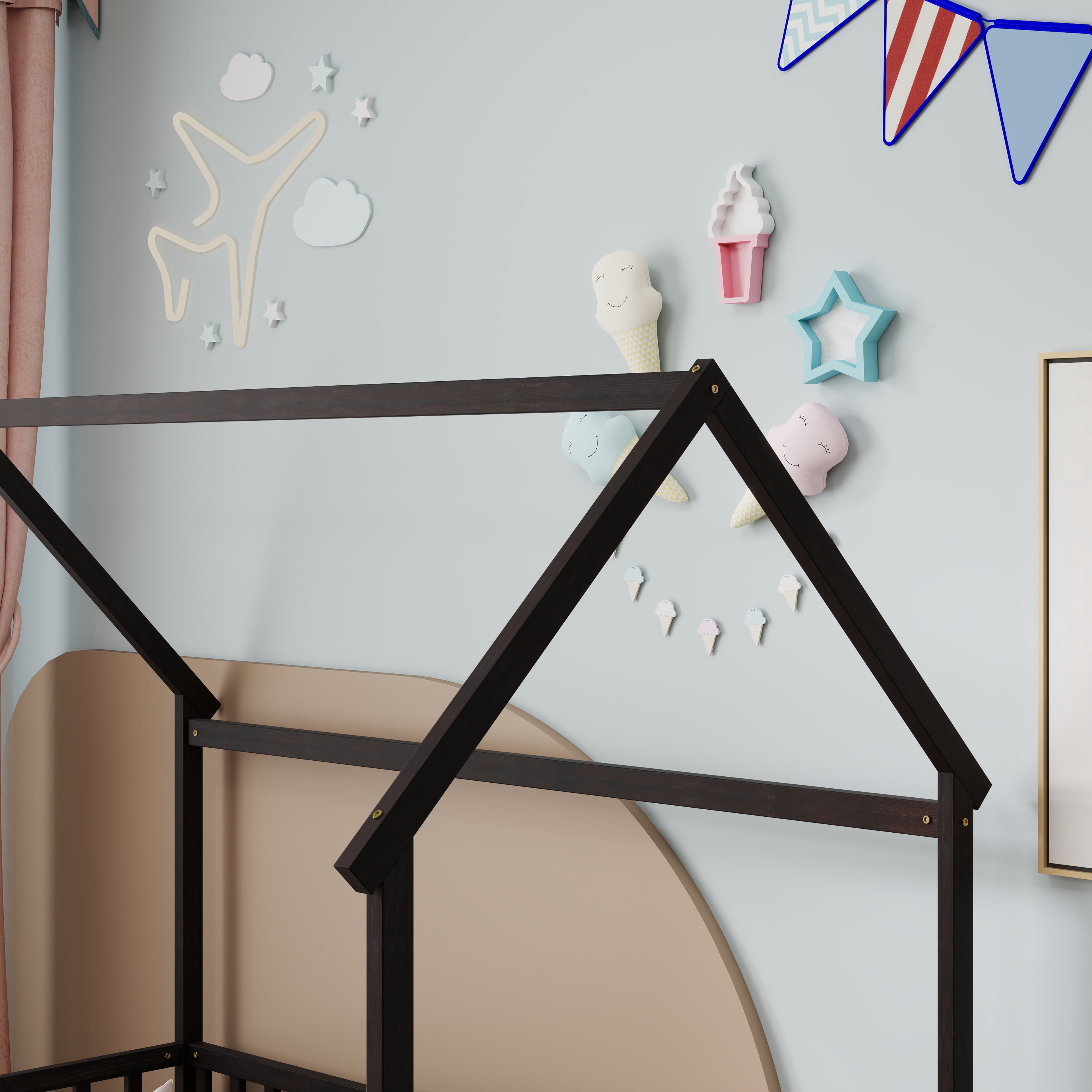 Twin House Floor Bed with Full Safety Fence, Solid Pine Montessori Kids Playhouse Bed Frame No Box Spring Needed Max 250 LBS for Toddler Nursery Bedroom