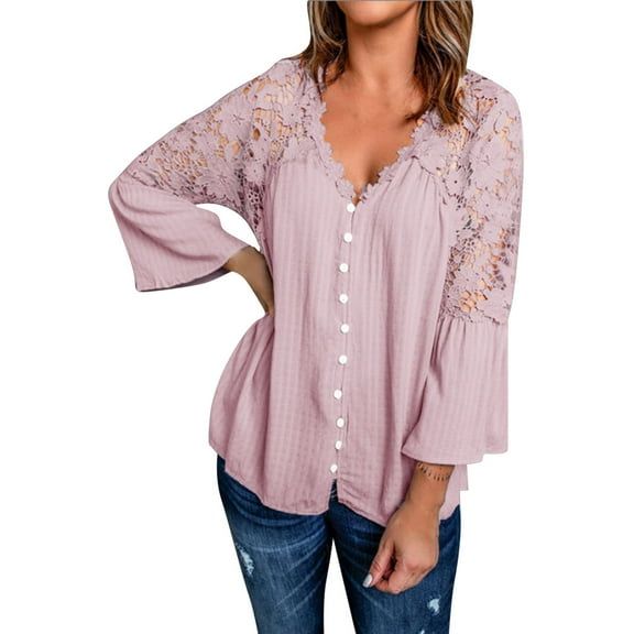 UJNDER Women's Long Sleeve Lace Trim Tunic Tops Button Down Casual Blouse Cute V Neck Shirt Tops for Women Feminine Detail Pink L