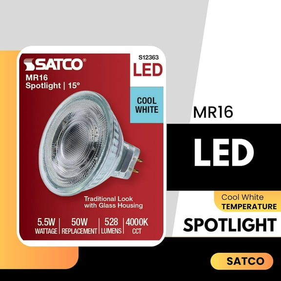 Satco S12363 MR16 LED Reflector Light Bulb 5.5W 12V 4000K GU5.3 Base Dimmable (12 Pack)