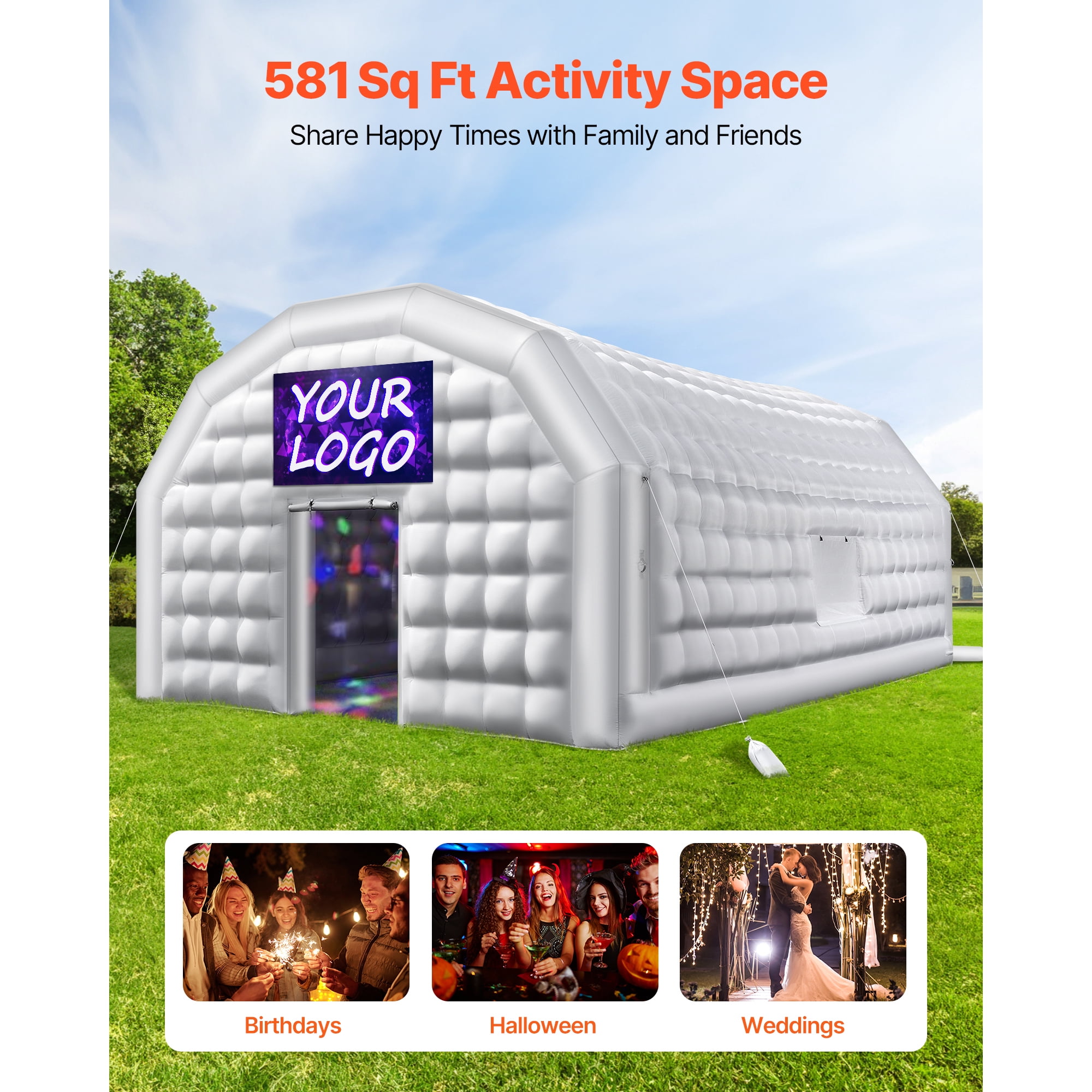 KFFKFF Inflatable Nightclub, 29.5 x 19.7 x 13.1 ft Party Tent with 1100W Blower & Sandbags, Blow-Up Event Tent with Windows, Air Cube Structure for Birthdays, Weddings, and Celebrations, White