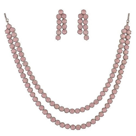 Ratnavali Jewels Women's Silver Tone Pink Cubic Zirconia Dual Strand Round Necklace Earrings Set for Brides & Weddings.