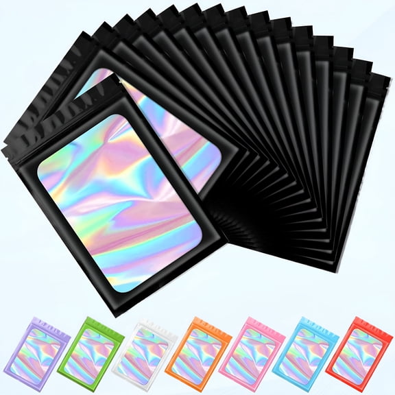 CCOCC 100Pcs Smell Proof Mylar Bags Holographic Packaging Bags,Resealable Odor Proof Bags Foil Pouch Bags for Food Storage and Lipgloss,Jewelry,Eyelash Packaging (Black,4x6inch)