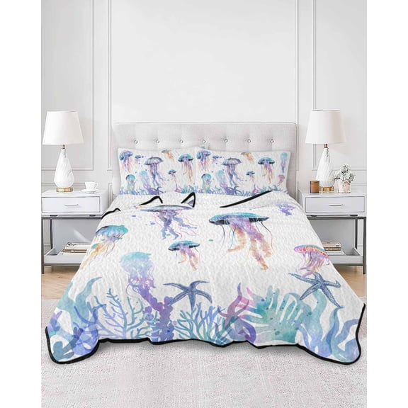 Quilts King Size, Coastal Jellyfish Soft Comforter Bedding Set for Bed, Summer Beach Nautical Ocean Lightweight Quilted Bedspread with Pillow Cover(2 Pieces) for All Season, 96x106 Inch
