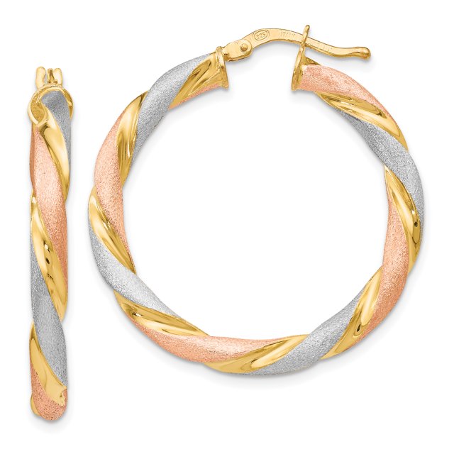 925 Sterling Silver Tri Color Twisted Hinged Hoop Earrings