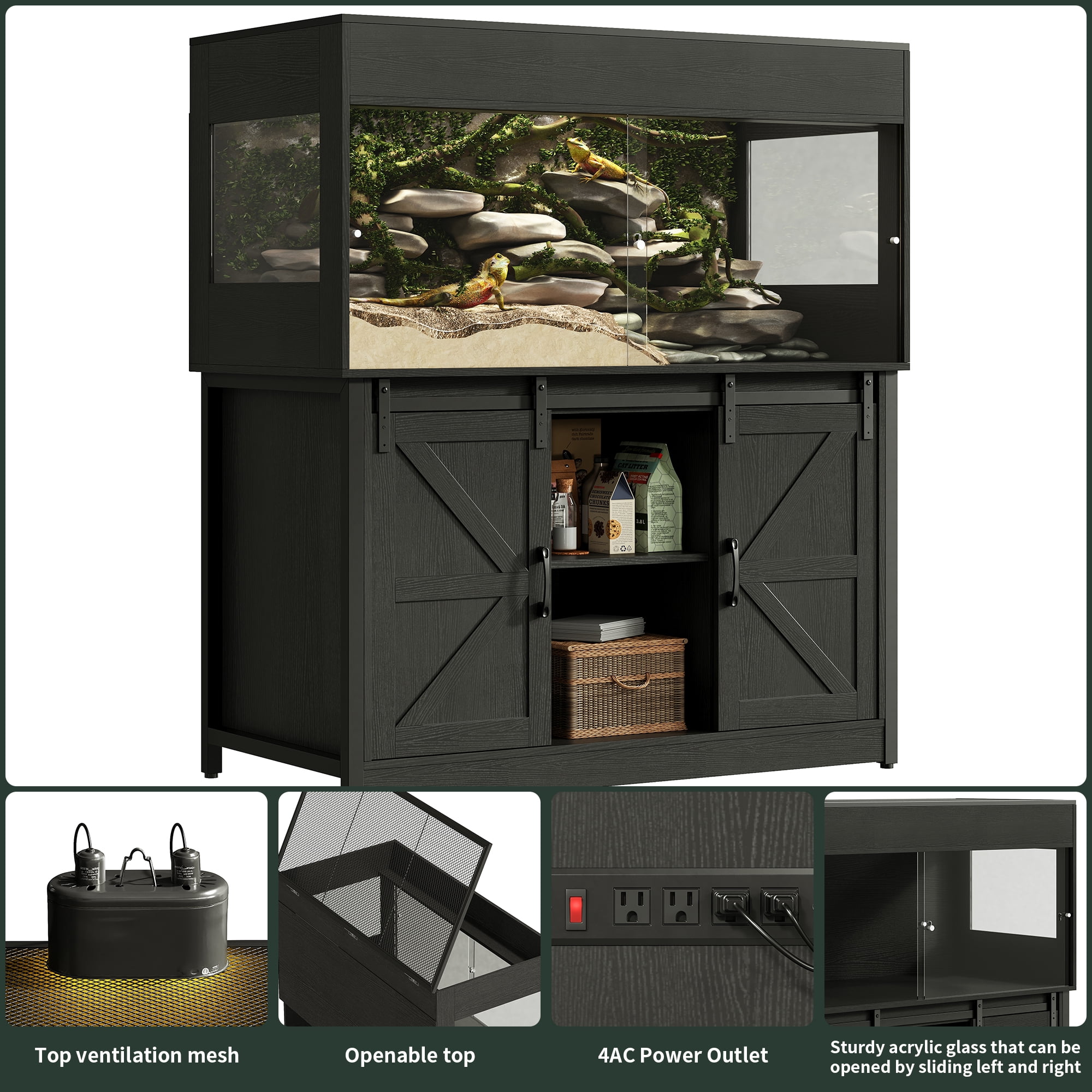 Herture 120 Gallon Reptile Terrarium with Stand, 4x2x2 Large Bearded Dragon Enclosure with Sliding Acrylic Doors, Mesh Top, Power Outlet & Storage, Vivarium Tank for Snakes, Lizards, Black PX04RTB