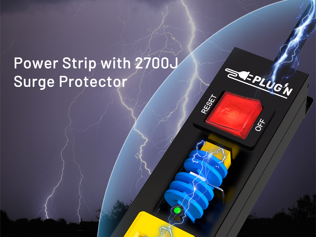 6 Outlet Power Strip 2700J Surge Protector, Heavy Duty Power Strips with Flat Plug and 10FT Long Cord, Wall Mountable Metal Outlet Strip for Desk, Garage, Workbench and Kitchen