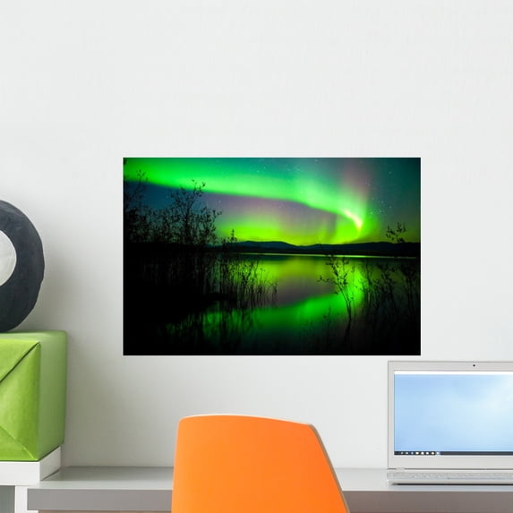 Northern Lights Mirrored Lake Wall Mural by Wallmonkeys Peel and Stick Graphic (18 in W x 12 in H) WM214267