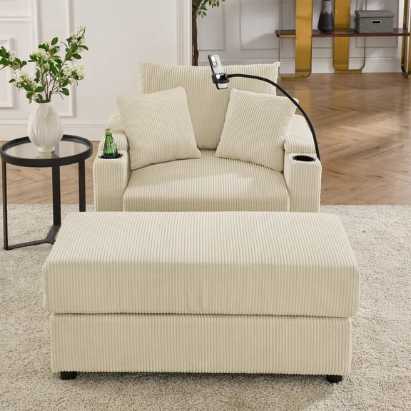 Modern Beige Corduroy 22.5in Deep Seat Sofa with Storage for Living Room