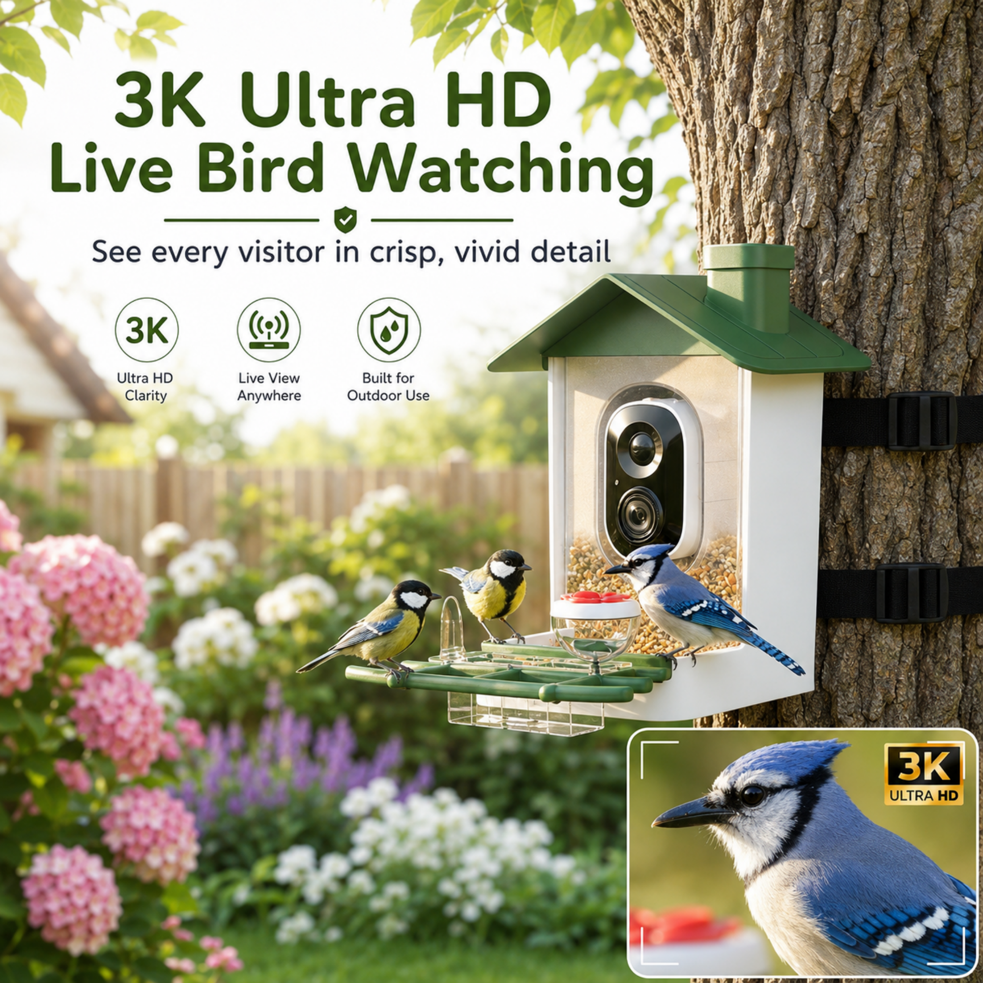MEHOOM 3K/5MP Ultra HD Smart Bird Feeder with Camera, AI Identification 11000+ Bird Species, Solar Powered Bird Feeder Outdoor, App Notifications, Ideal Gift for Woman & Man