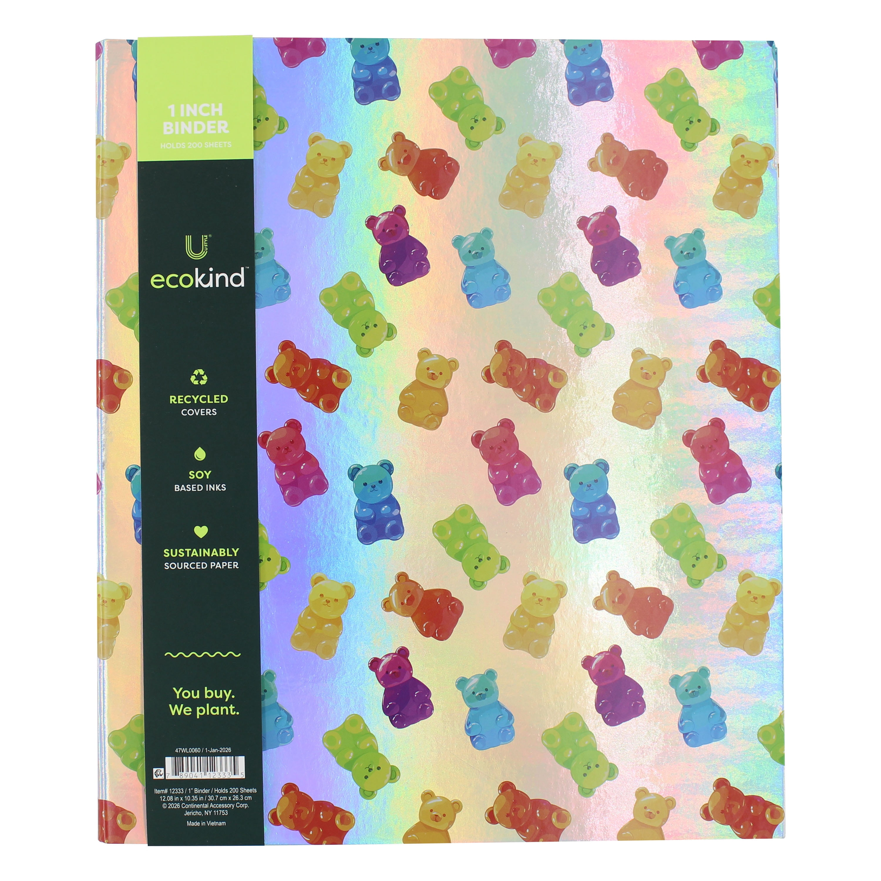 Ecokind Gummy Bear 1-Inch 3 Ring Paper Binder, 12.08in x 10.35in, Holds 200 Sheets