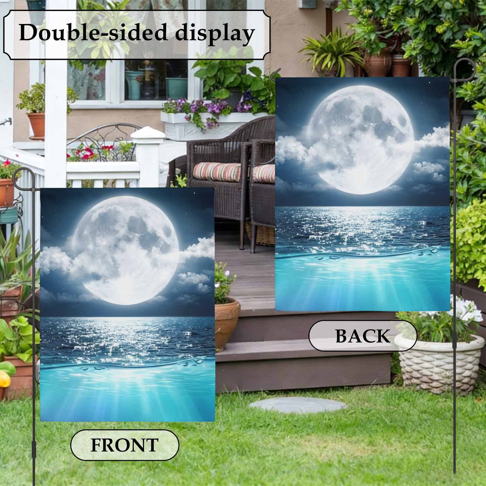 Natural Scenery House Flag 28 x 40 Inches, Full Moon Cloud Night Sky Sea Moonlight Weather Proof Outdoor Patio Flags Double Sided Small House Decoration for Yard Lawn Outside Home