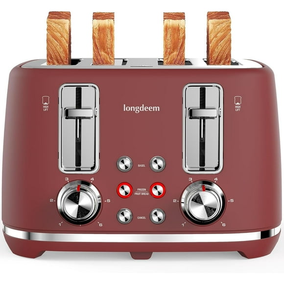 LONGDEEM 4 Slice Toaster, 6 Browning Options, Wide Slots, High Lift Lever, Dual Controls, Red