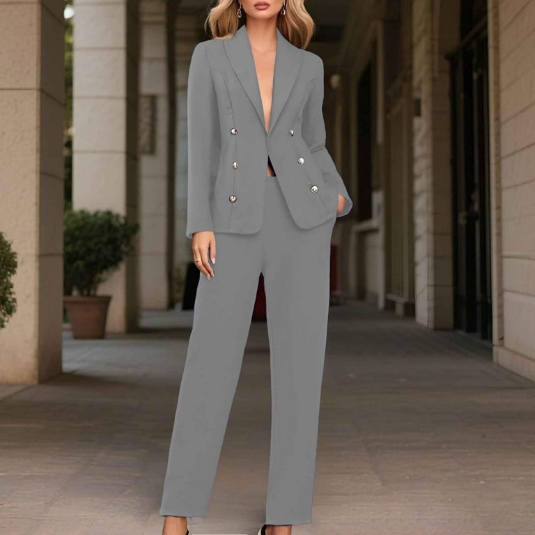 Breezora Women's Long Sleeve Cardigan and Pants Suit Set Office Work  Professional Outfit Elegant Two Piece Business Casual Wear M Size Grey