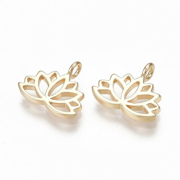 50pc Brass Charms Lotus Flower Nickel Free Real 18K Gold Plated 10.5x12.5x1mm Hole: 1.8mm