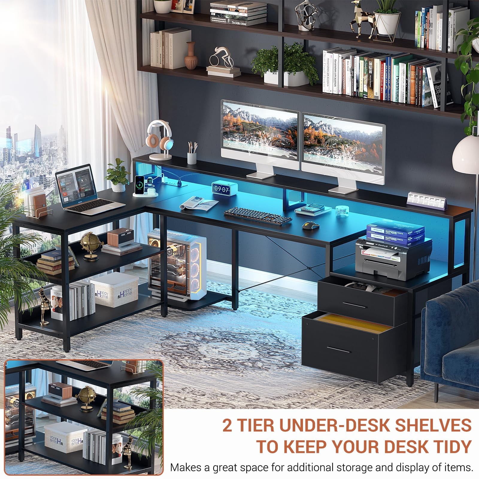 Homieasy L Shaped Desk with File Drawer, 72.8" Reversible L Shaped Computer Desk with Power Outlet & LED Strip, Gaming Desk with Monitor Stand, Office Desk Corner Desk with Storage Shelf, Black
