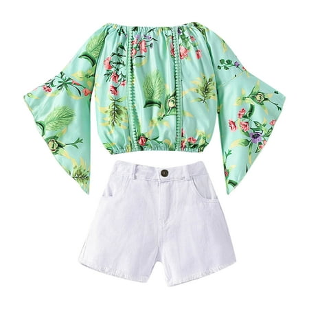 

Toddler Outfit Sets Summer Suit Summer Girl S Western Style One Line Shoulder Flower Print Flared Short Sleeve Tops Denim 2Pcs Kids Clothes Suit