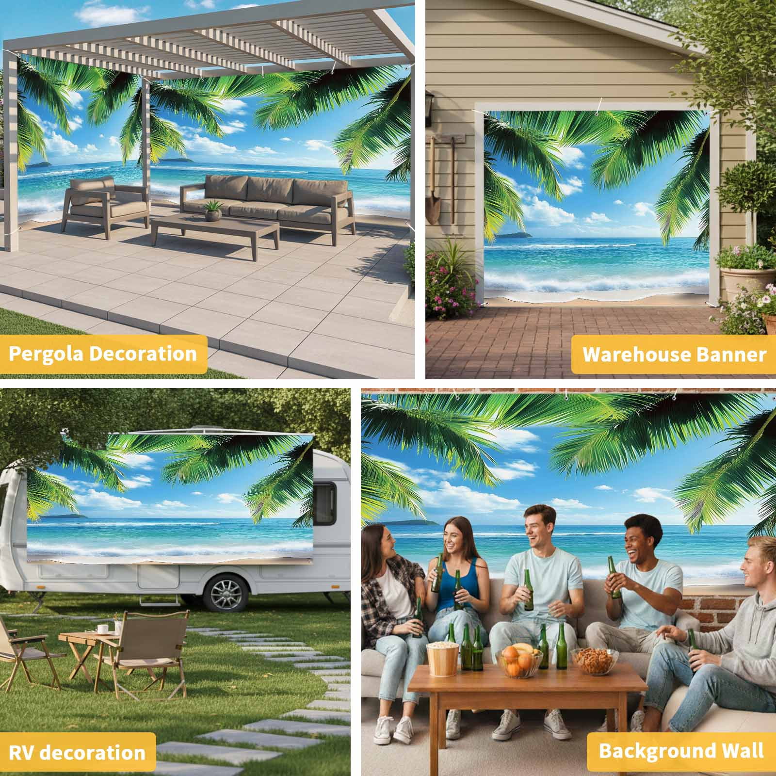 Beach Ocean Waves Garage Door Cover Banner 7 x 16 FT, Summer Tropical Palm Tree Leaves Garage Door Curtains Backdrop with Grommets for Indoor Outdoor Wall Party Porch Yard Decorations Background