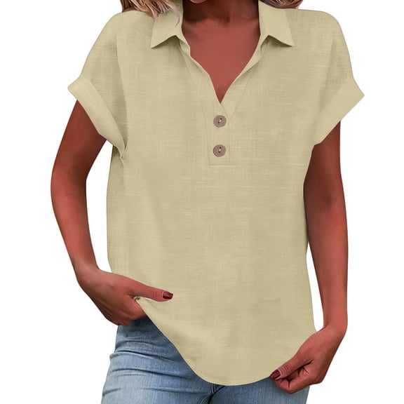 Outfmvch Cotton Linen Tops for Women Casual Loose Fit V Neck Summer Beach Tops Summer Soft Fashion Button Down Roll Up Sleeve Collar Blouse Tunic Tshirts Plus Size Tops Beige 1 L