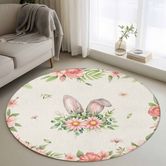 Pink Floral Easter Round Area Rug 4Ft Washable Circle Rugs for Bedroom Dining Room, Spring Flowers Elegant Pastoral Non-Slip Carpet Floor Mats Indoor Outdoor Carpet Runner Aesthetic Home Decor