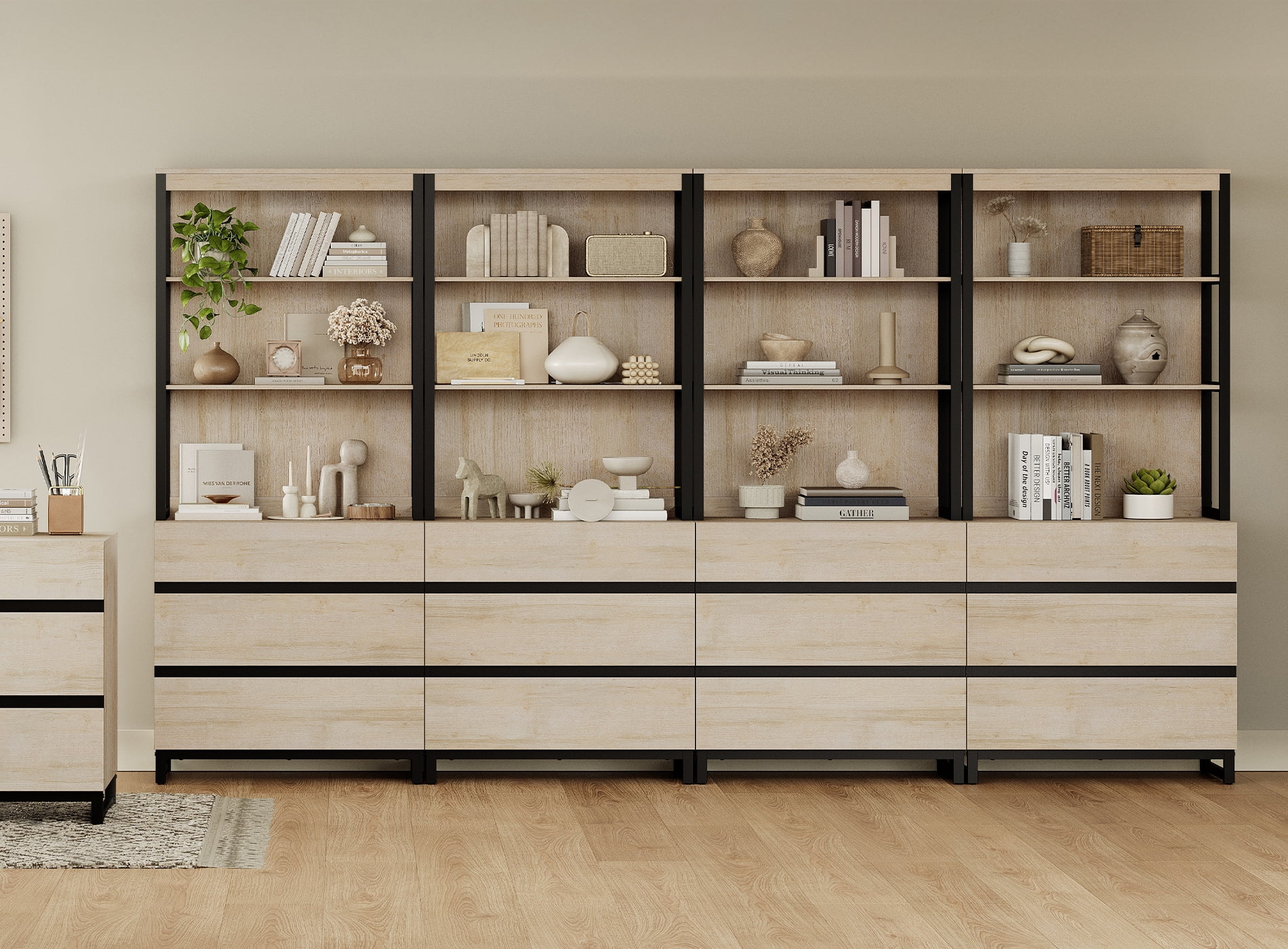 WAMPAT 4-Piece Modern 72" Tall Library Bookcases with 12 Drawers & Open Shelves, Wood Freestanding Bookshelves with Storage Cabinet & Metal Base for Home Office & Living Room, Beige