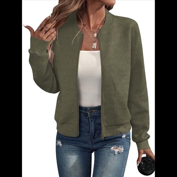 Chaqueta Informal de Mujer con Cuello Alto y Cremallera, Ideal para Otoño. Conjuntos con Bolsillos. Verde XXXL