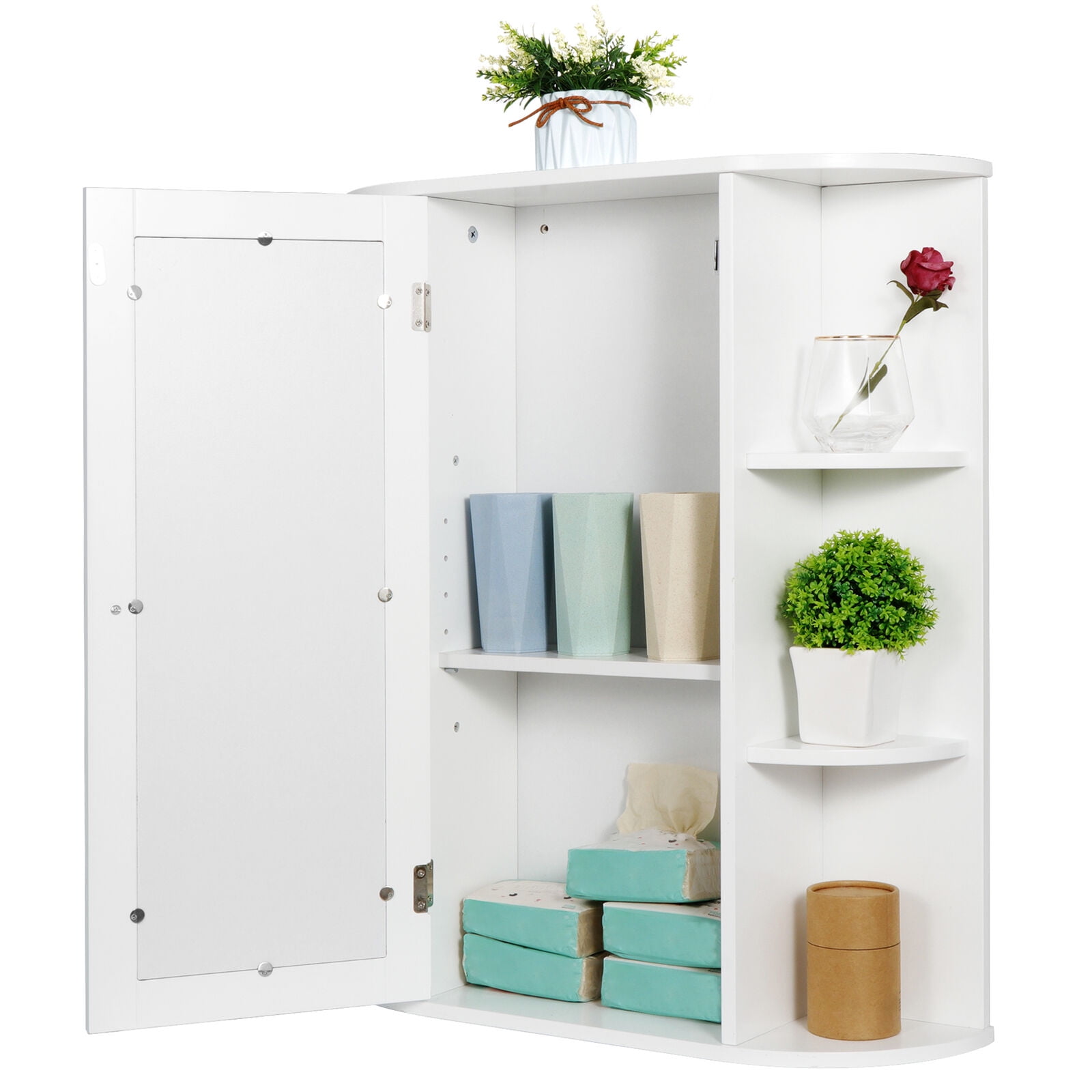 ZENSTYLE Wall Mounted Cabinet MDF Kitchen Storage Organizer W/ Mirror, White