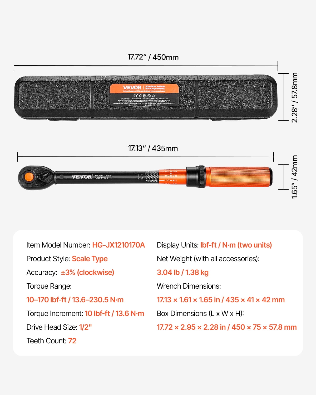 VEVOR Click Torque Wrench, 1/2 Inch Drive, 10-170 lbf-ft/13.6-230.5 N.m, Dual-direction Torque Wrench with Dual Range Scales, 72-tooth, ±3% High Precision, with Carrying Case, for Automobile Repair