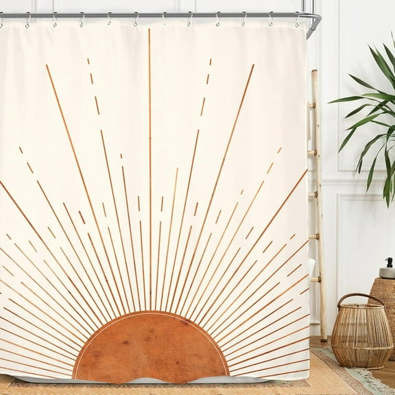 Abstract Sun Shower Curtain Set 72Wx72H Inches Modern Minimalist Mid Century Aesthetic Mustard Yellow Sunburst Sunrise Simple Polyester Waterproof Cloth Bathroom Curtain with 12 Hooks