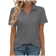 thumbnail image 3 of Women's V Neck Turndown Collar Short Sleeve T-Shirt Tops Blouses Tees Solid Color Casual Daily Wear Business Office Vacation Outfits Fashion Essential Gift for Women | Aestivo,Dark Gray L, 3 of 9