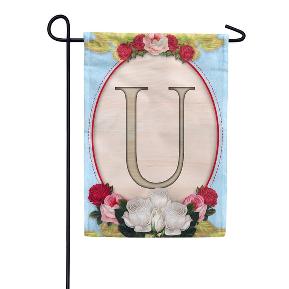 America Forever Spring Monogram Garden Flag Letter U 12.5 x 18 inches Double Sided Vertical Outdoor, Yard, Lawn, Beautiful Floral Design, White, Red, Pink Roses, Summer Flower Garden Flag