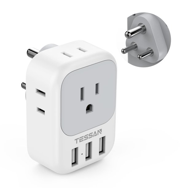 Adaptador de enchufe TESSAN de EE. UU. a India tipo D con 4 tomas de corriente alterna y 3 USB