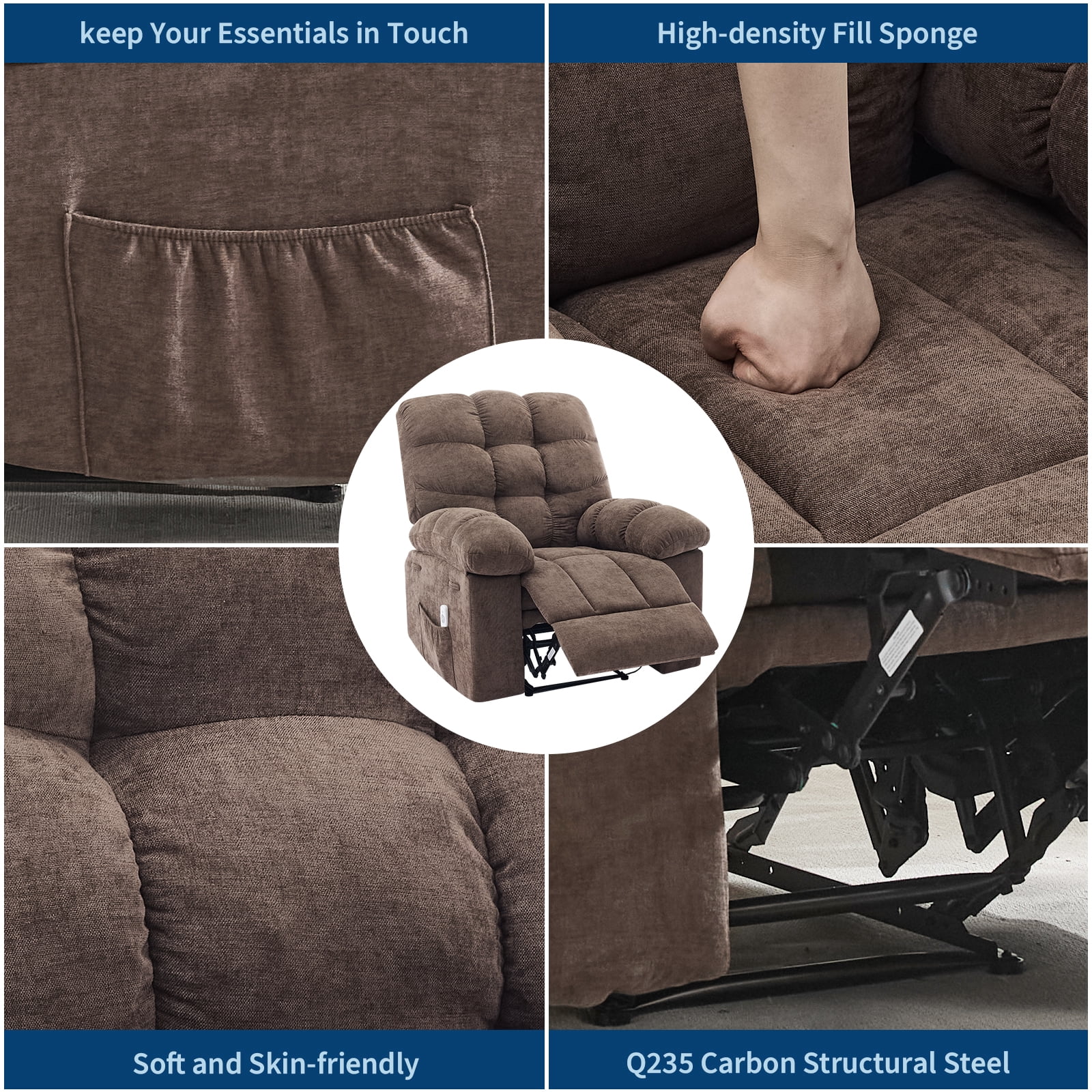Recliner Chair for Adult, Recliner with Massage&Heating, Manual Recliners, Upholstery Rocking Sofa Chair, Coffee