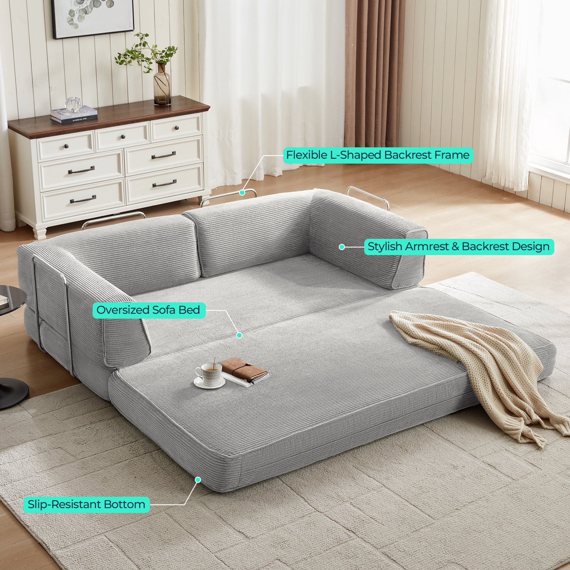 LINSY HOME Oversized Corduroy Futon Sofa Bed,  King Size Sleeper Sofa Bed for Living Room, Grey