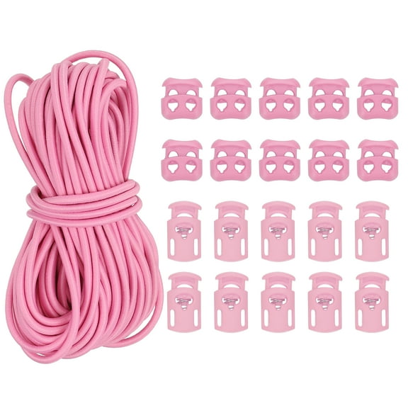 16 Yard Elastic Bungee Cord & Single Hole Cord Lock & Double Hole Spring Toggle Stopper, Pink 21 Pack