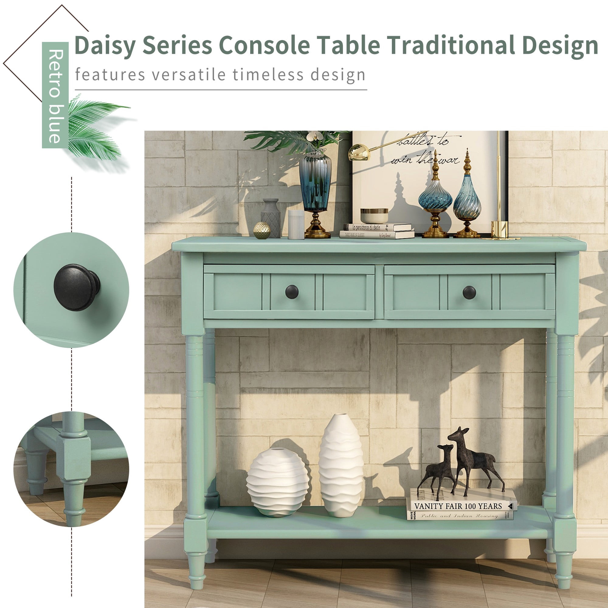 35" Console Table with Drawers,Wood Entryway Table Hallway Table with Open Storage for Living Room,Entryway, Hallway,Retro Blue