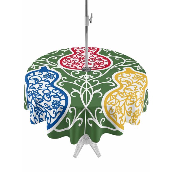 Outdoor Tablecloth with Umbrella Hole for Patio/Picnic/Party/Camping, Green Gourd Waterproof Table Cloth Round Cover Washable, Modern Abstract Art Floral (Dia 60")