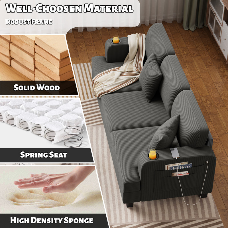 Homall 84''W Modern Sofa 3 Seat Adult Corduroy Couch with Wide Armrest Fabric Couch with USB Charging Ports for Living Room, Gray